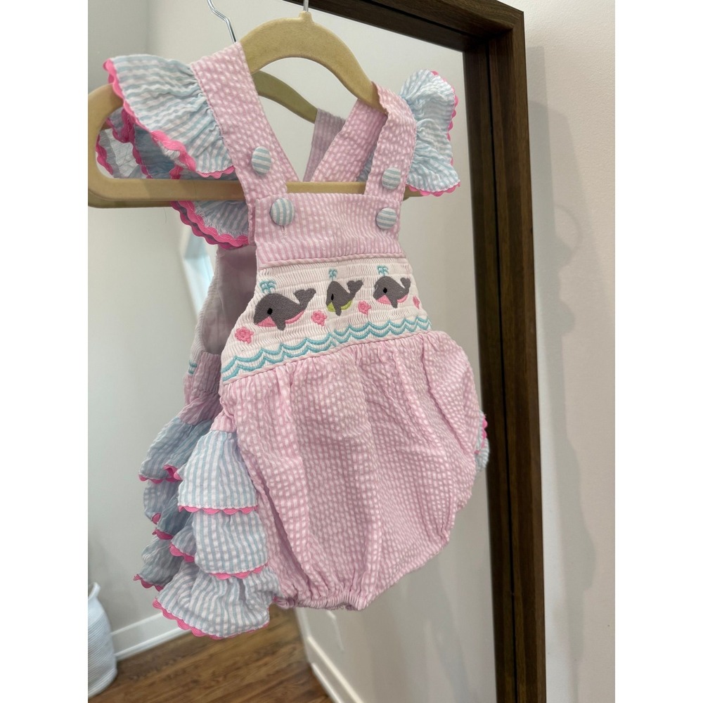 Lil Cactus Baby Girl Smocked Whale Seersucker Sunsuit Romper Pink Blue 3-6M